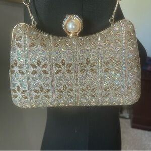 New! handmade bedazzled metal clutch bag for women Color Gold with Rhinestones